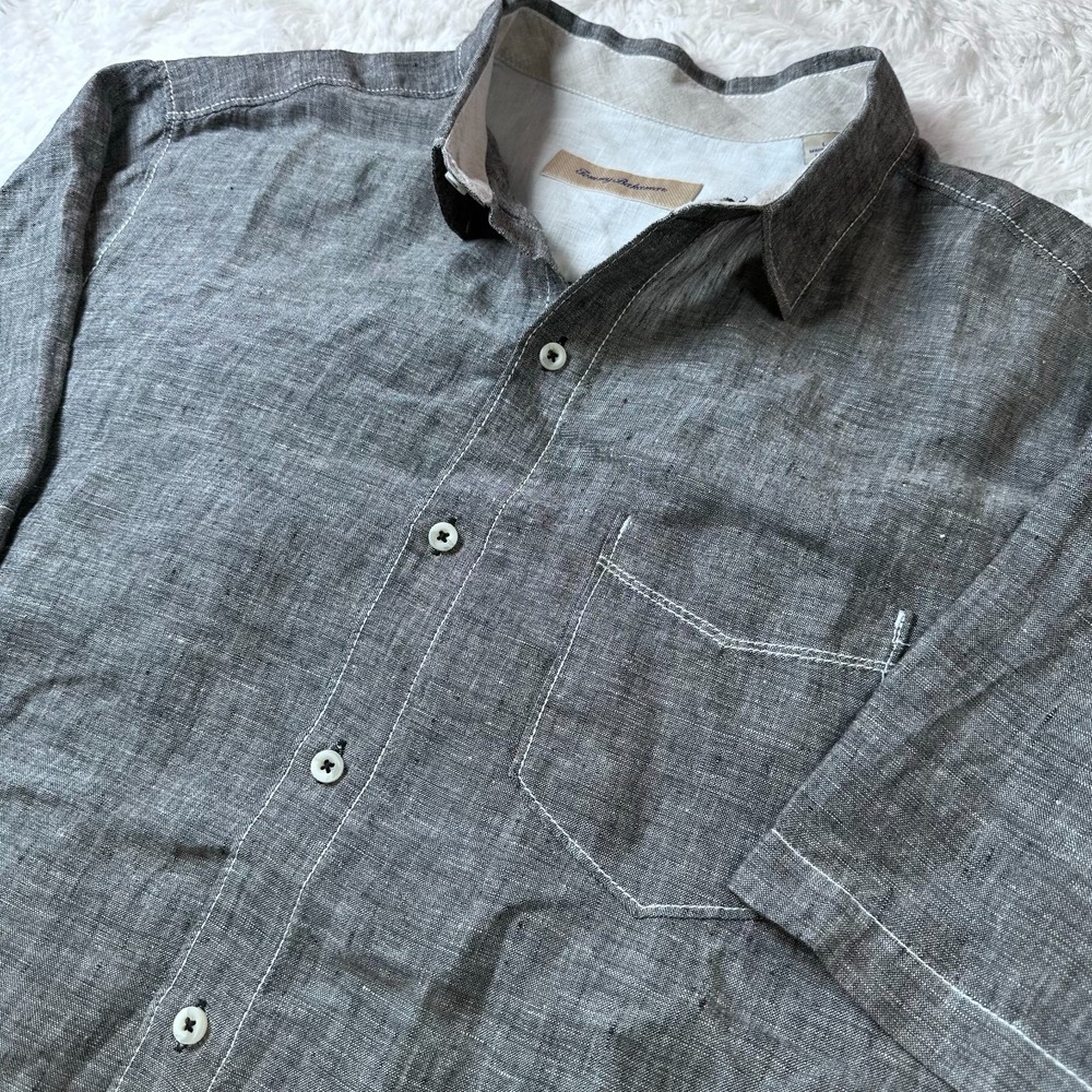 Tommy Bahama 100% Linen Button Front Shirt Mens Large Gray Short Sleeve Casual